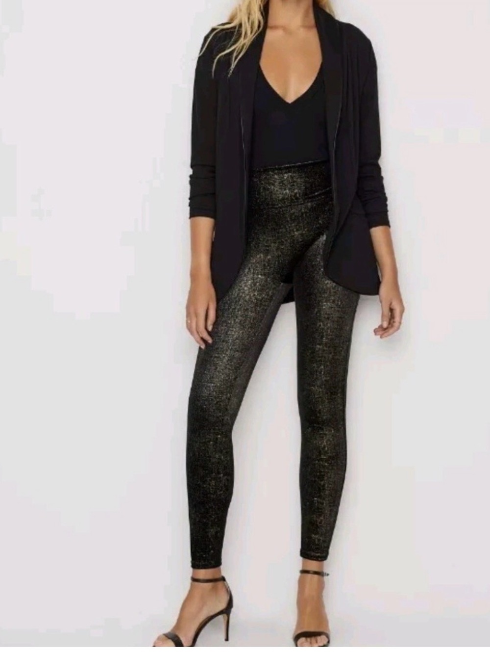 SPANX BLACK LEGGINGS WITH GOLD FOIL SHINE!!